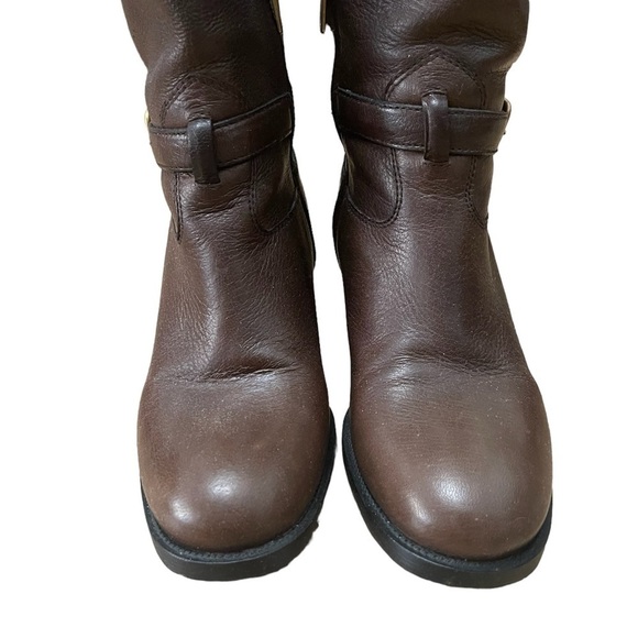 Prada Dark Brown Leather Signature Golden Logo Knee Length Boots - Picture 3 of 10